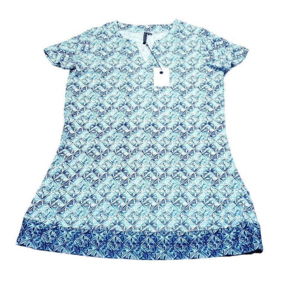 Aqua Et Sol Swim Cover-up Tunic Dress UPF 50 Short Sleeve Blue White Size Large